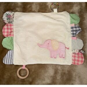 Modern Baby Lovey Security Blanket Elephant Tags Rings Crinkle Cream Pink